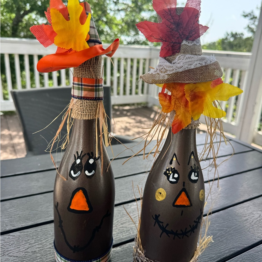 Hand painted scarecrow fall wine bottles